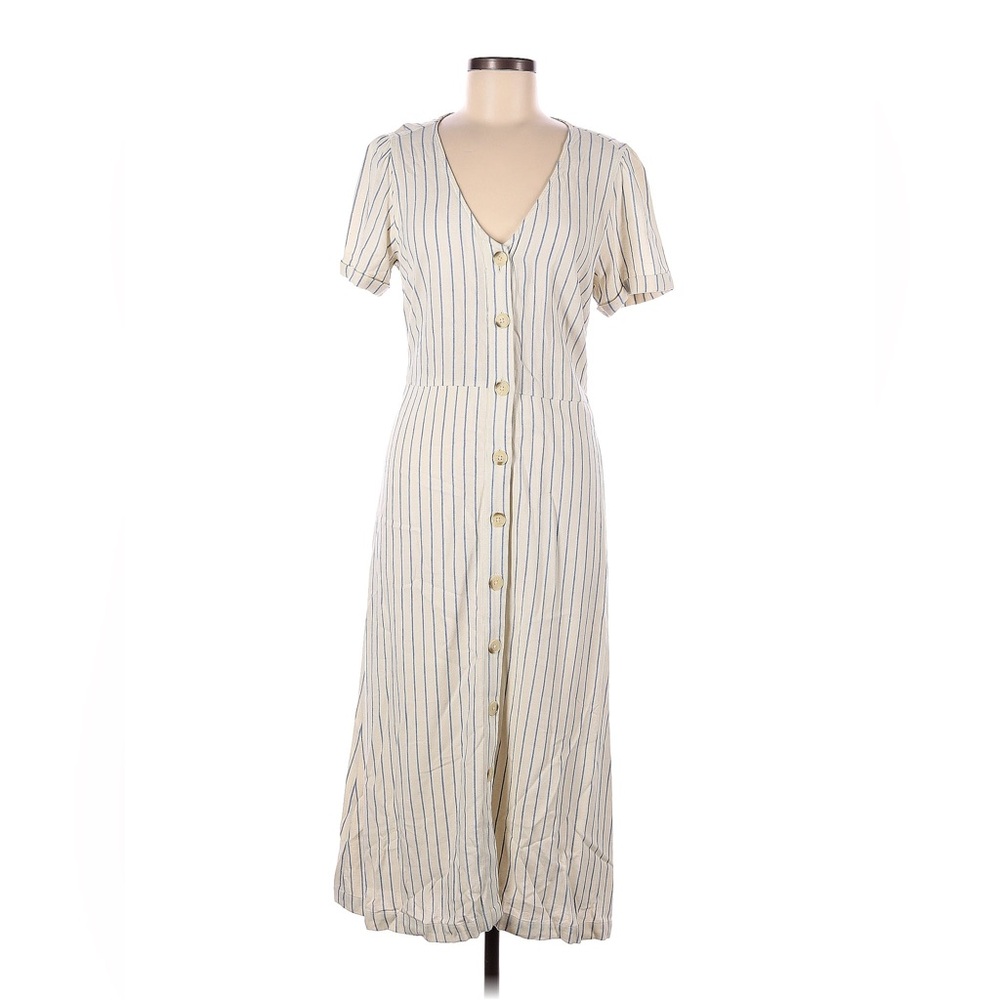 Linen-Like Midi Stripe Button Down Dress